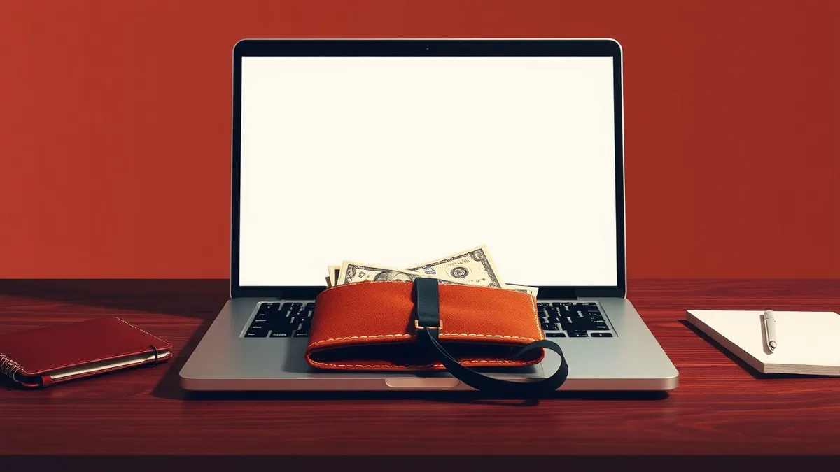 Illustration: A sleek silver laptop sits on a dark desk, its blank screen reflecting the dim light.