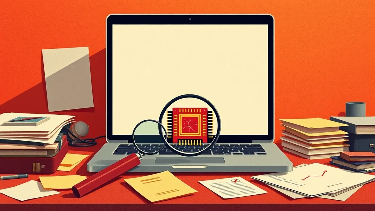 Illustration: A generic laptop sits on a cluttered desk, its blank screen facing a small, detailed model of an AI chip.