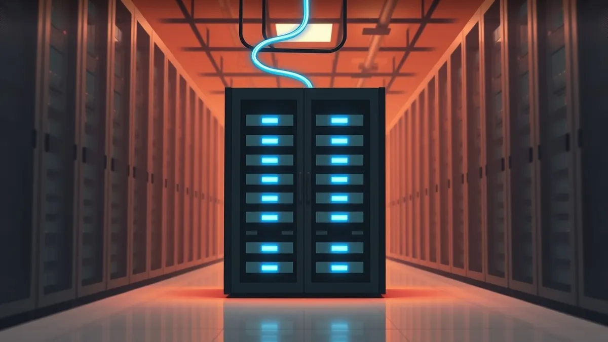 Illustration: A sleek black server rack sits in a cool, minimalist data hall, its front panels displaying only soft, abstract blue lights.