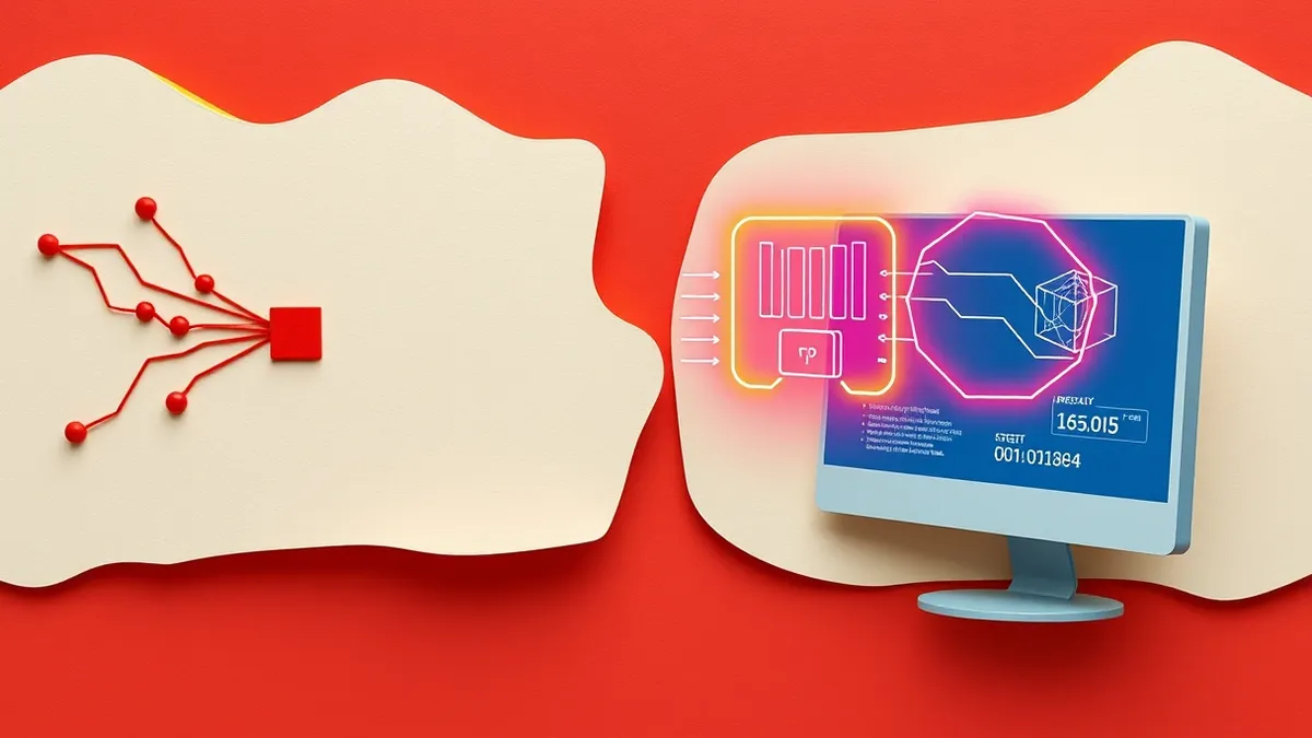 Illustration: A split view shows a red adversary injecting abstract digital signals into a network on the left while a blue monitoring system on the right instantly highlights thos