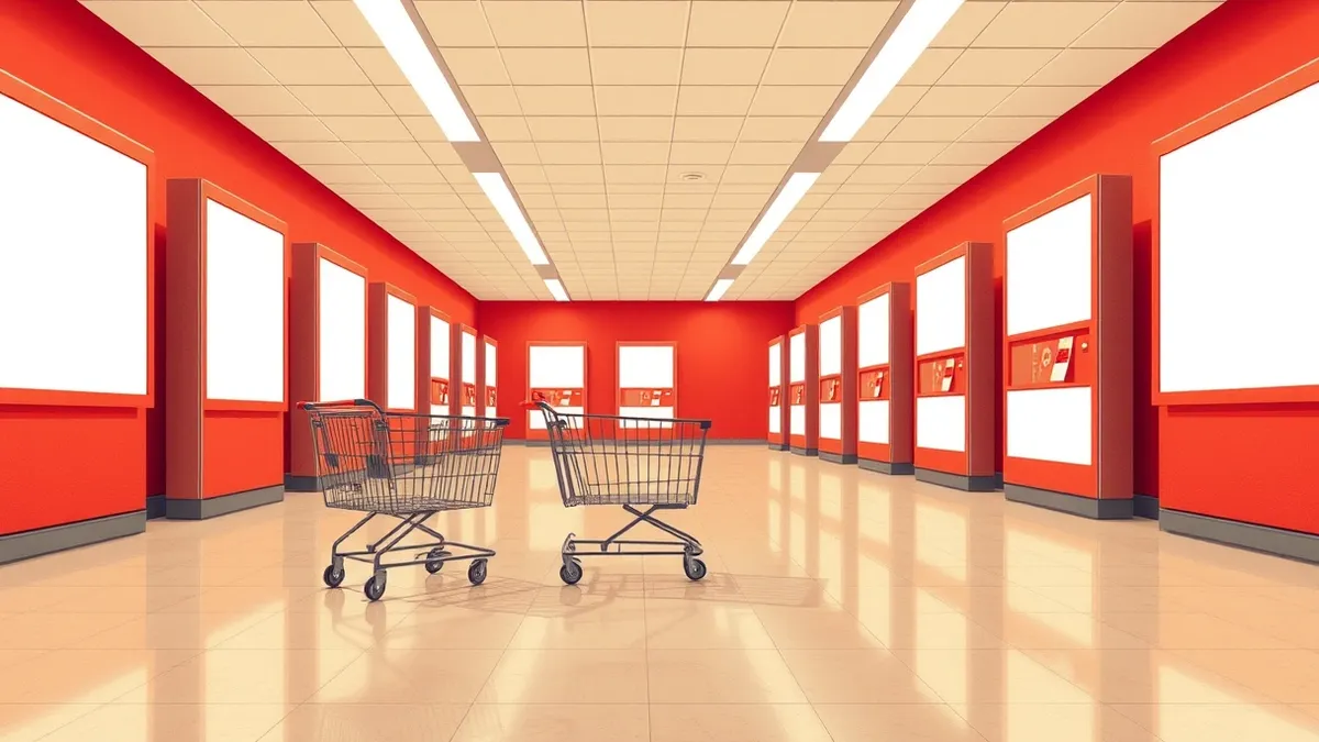 Illustration: A row of sleek checkout kiosks glows softly in an empty supermarket aisle, their blank screens reflecting the fluorescent lights.