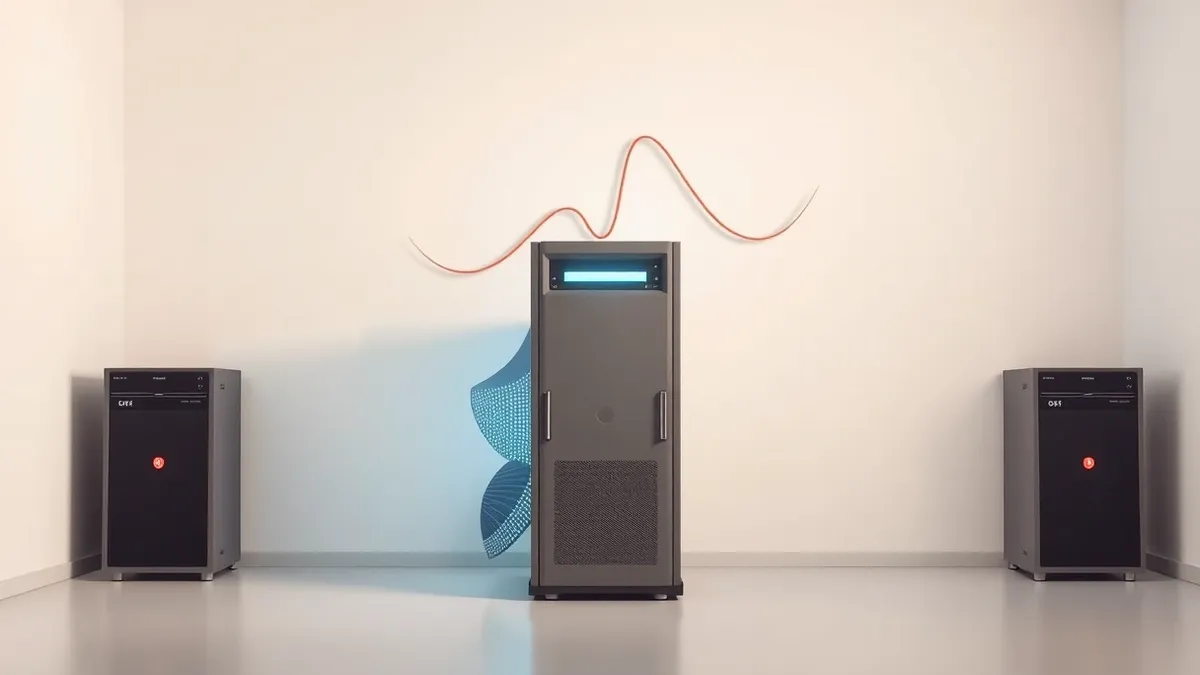 Illustration: A standard gray server sits quietly in a clean room, its internal circuitry glowing with steady blue light.