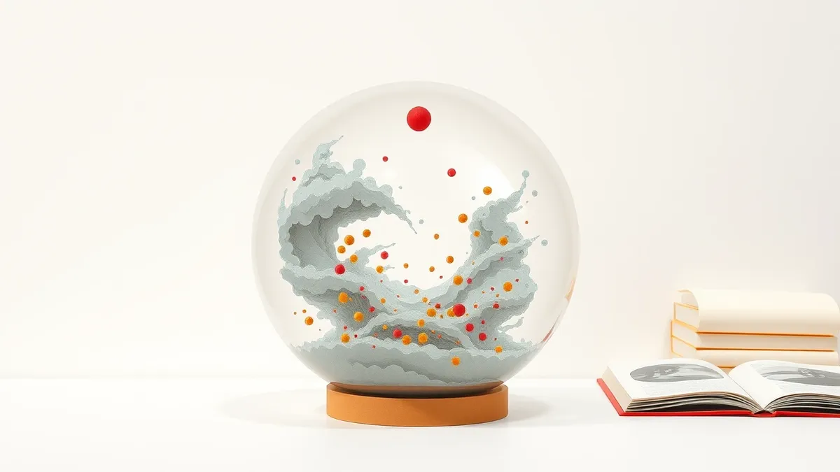 Illustration: A transparent glass sphere sits on a clean white desk, containing a swirling cloud of soft blue and grey particles that drift in a calm, organized pattern.