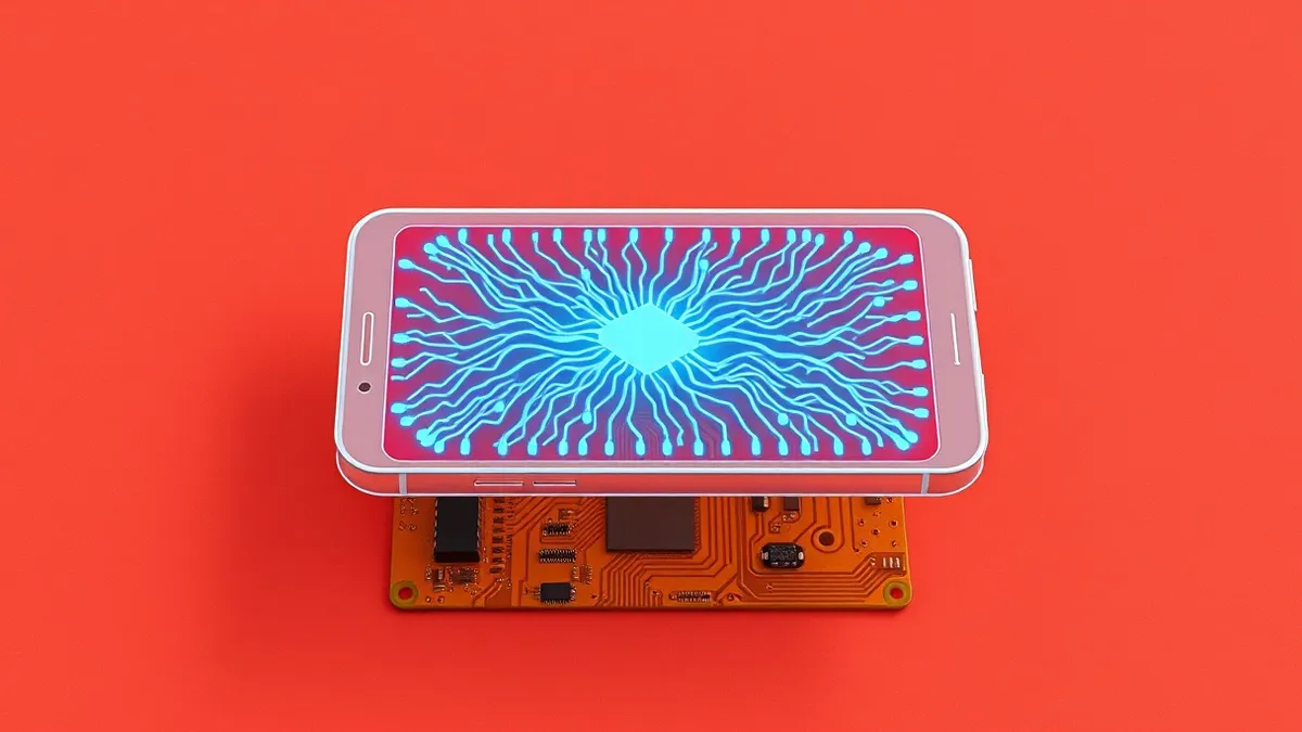 Illustration: A translucent smartphone chassis floats above a disassembled circuit board.