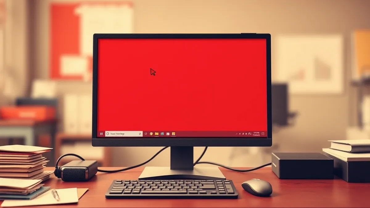 Illustration: A sleek desktop monitor sits on a cluttered office desk, displaying a blank remote desktop interface with a single red cursor hovering over a system tray icon.