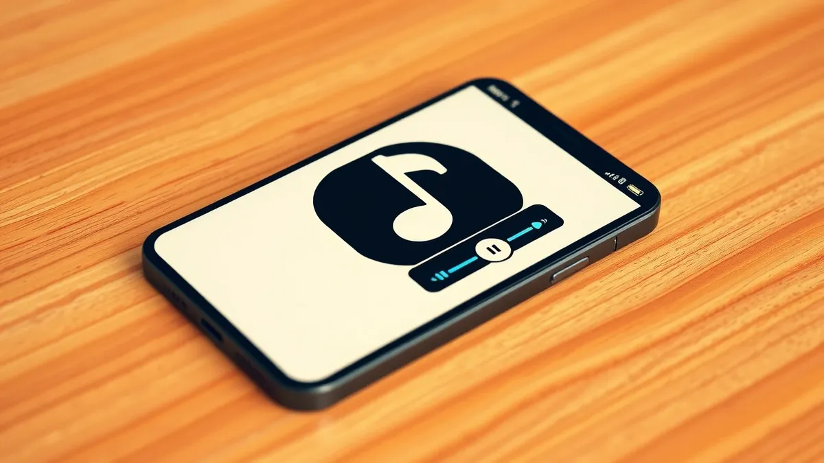 Illustration: A smartphone rests on a wooden surface, displaying a music application interface with a stark monochrome color scheme.