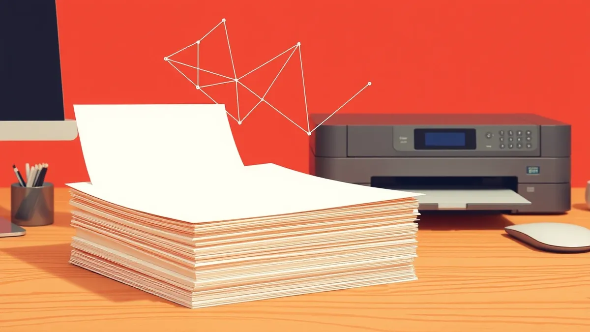 Illustration: A pristine stack of blank paper documents rests on a wooden desk beside a sleek office printer.