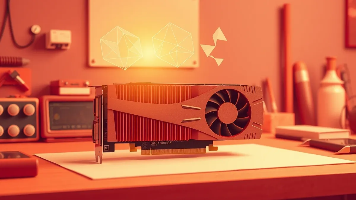 Illustration: A sleek graphics card sits on a workbench, its heatsink fins catching the light.