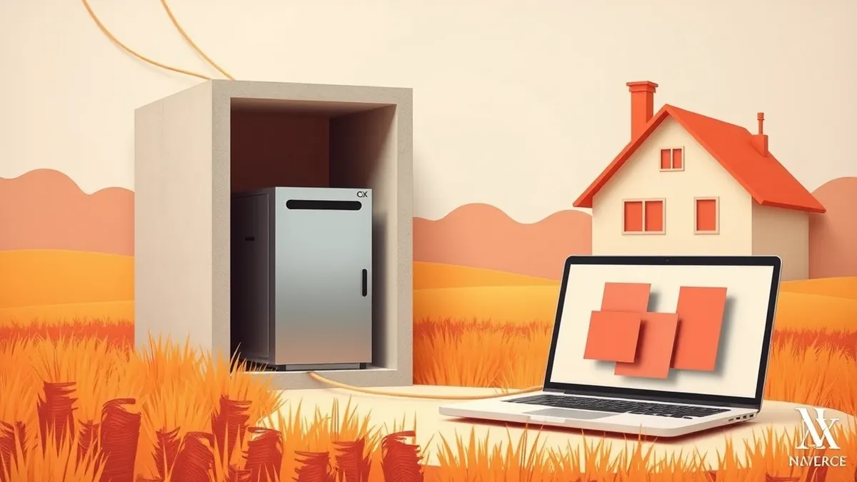 Illustration: A sleek silver server box sits inside a small, windowless concrete building in a rural field.