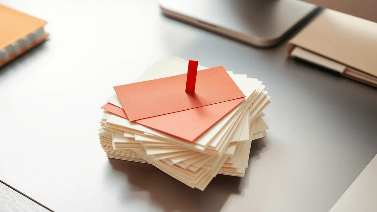 Illustration: A single red alert card rests on a stack of white slips, all sitting on a clean metal desk.