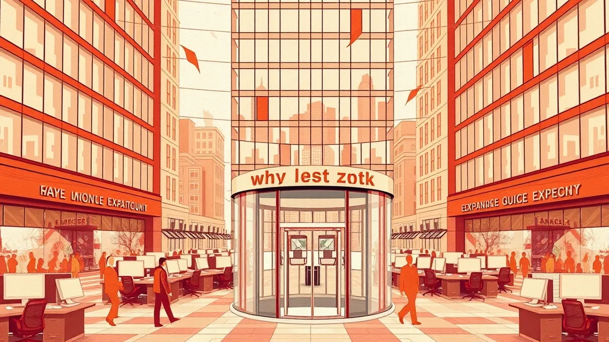 Illustration: A sleek glass office tower rises in a busy urban plaza, its lower floors featuring large windows that reveal rows of empty desks and monitors inside.