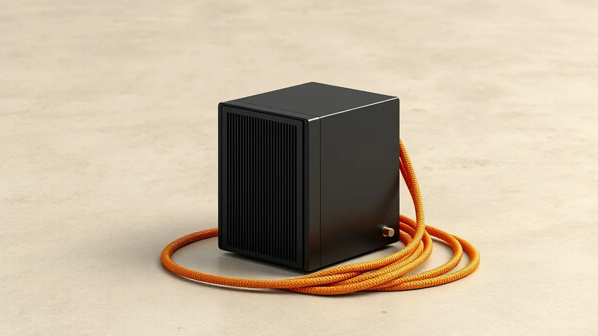 Illustration: A sleek, matte-black server unit sits isolated on a polished concrete floor, its single status light glowing a steady, intense blue.
