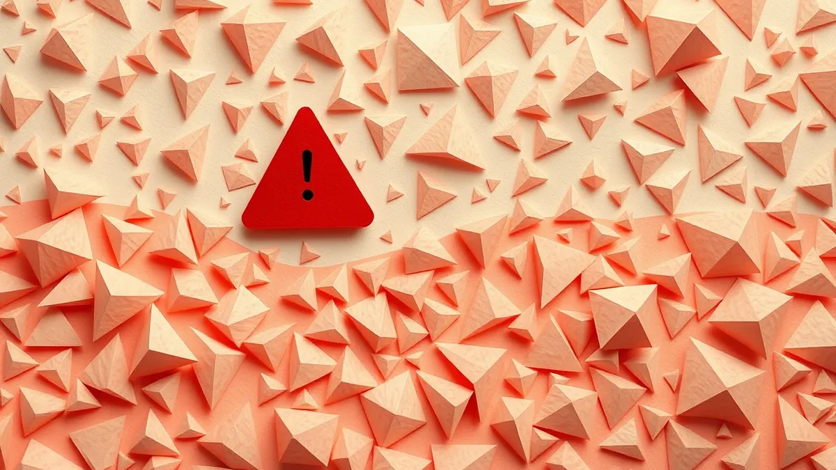 Illustration: A single red alert icon floats prominently above a chaotic, swirling mass of faint grey geometric shapes.