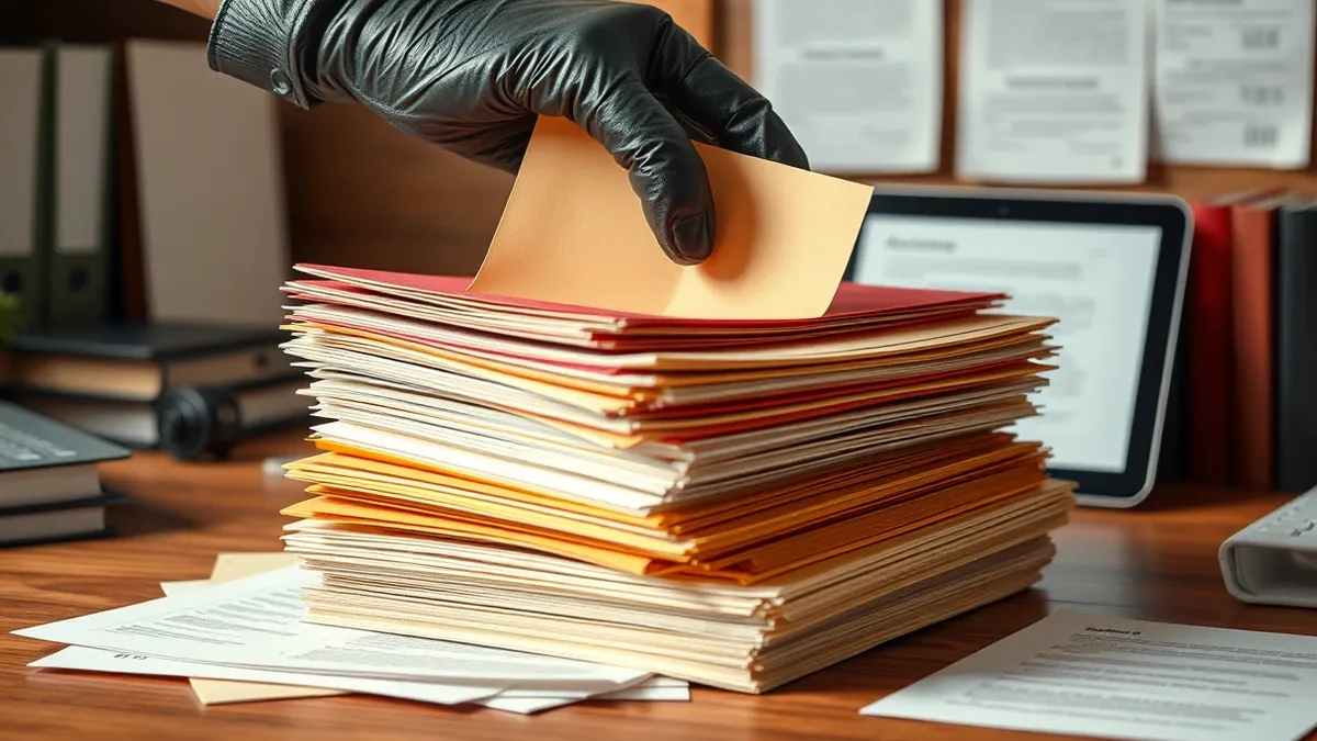 Illustration: A thick stack of official government records sits on a wooden desk.