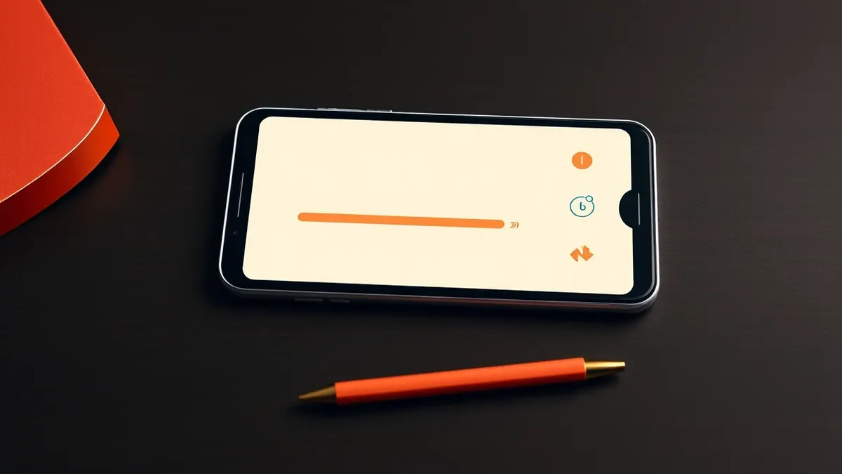 Illustration: A sleek smartphone rests on a dark wooden desk next to a stylus.