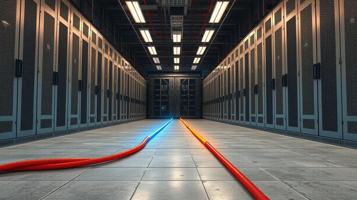 Illustration: Two distinct power cables run parallel across a concrete floor toward heavy electrical switchgear.